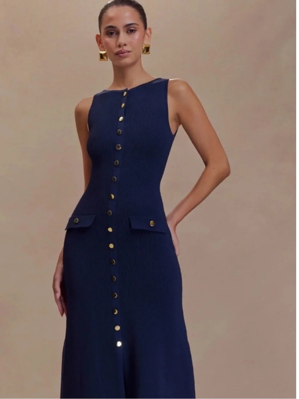 Meshki Sleeveless Navy Button-Front Knit Maxi Dress